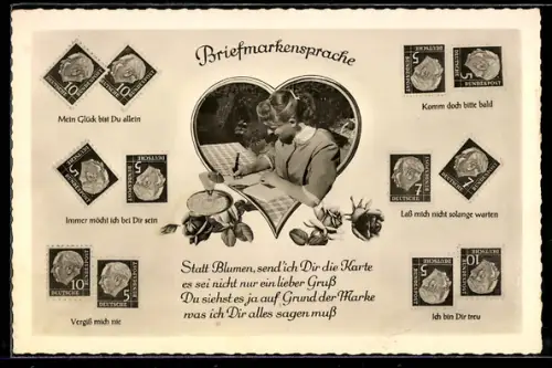 AK Briefmarkensprache, Vergiss mich nie, Ich bin dir treu, Komm doch bitte bald