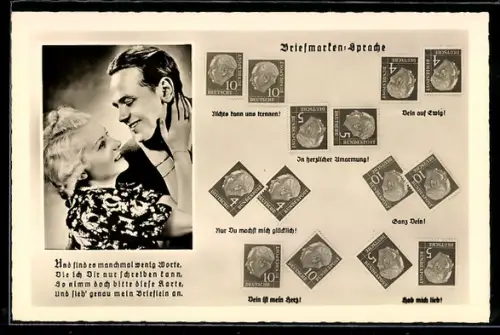 AK Briefmarken-Sprache, Nichts kann uns trennen, Dein auf ewig, hübsches Paar in inniger Umarmung