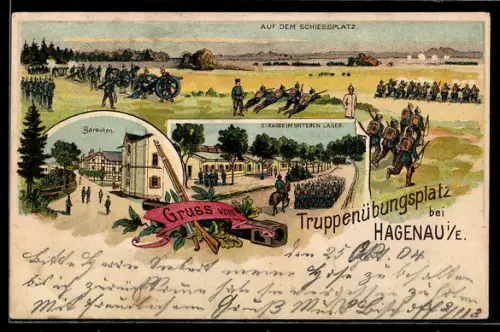 Künstler-AK Hagenau, Truppenübungsplatz, Auf dem Schiessplatz, Baracken, Strasse im unteren Lager