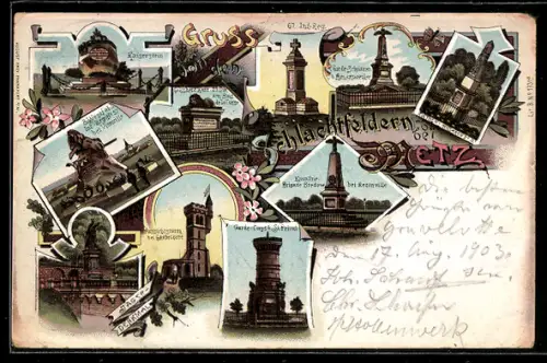 Lithographie Metz, Die Schlachtfelder mit Kaiserstein, 67. Inf.-Reg. & Aussichtsturm bei Gravelotte