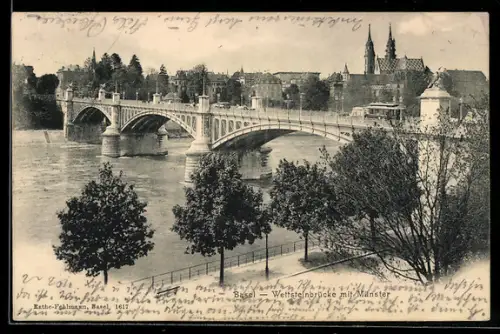 AK Basel, Strassenbahn auf der Wettsteinbrücke, Blick zum Münster