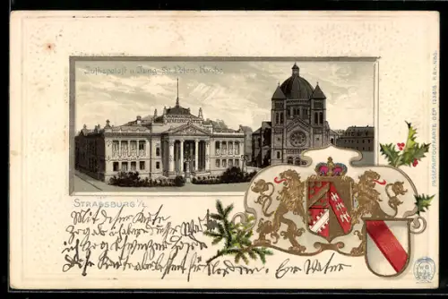 AK Strassburg, Justizpalast u. St. Peters Kirche, Wappen