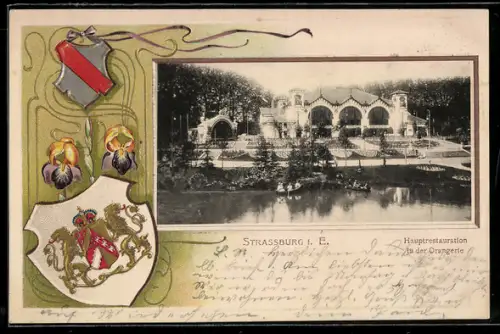 Passepartout-AK Strassburg i. E., Hauptrestauration in der Orangerie, Wappen