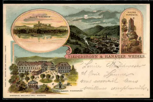 Lithographie Niederbronn, Ruine Waldeck, Hotel Roeder Niederbronn