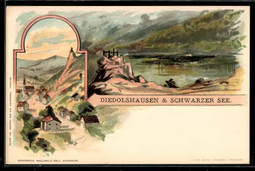 Lithographie Diedolshausen, Panorama mit Schwarzer See