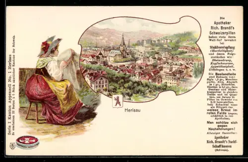 Lithographie Herisau, Ortsansicht, Frau in Tracht beim Sticken, Reklame für Zwitsersche Pillen von Rich. Brandt