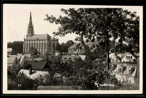 AK Kratzau, Blick über Dächer zur Kirche