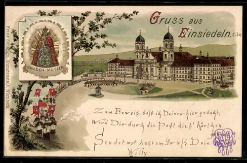 Lithographie Einsiedeln, Blick auf Kloster und Gnaden-Mutter
