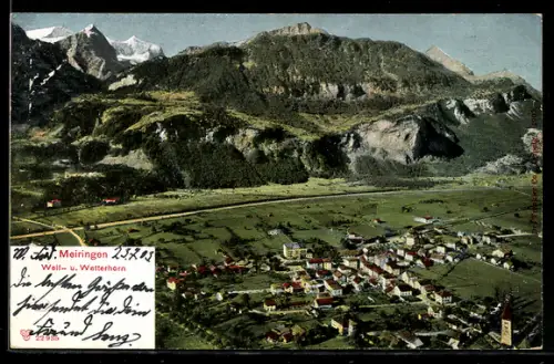AK Meiringen, Ortsansicht mit Well- u. Wetterhorn