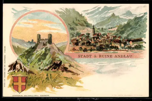 Lithographie Andlau, Blick auf den Ort und Ruine, Wappen