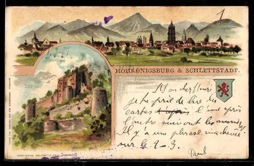 Künstler-AK Hohkönigsburg, Blick zur Burg & Schlettstadt, Wappen