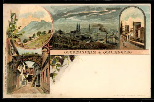 Lithographie Oberehnheim, Teilansicht mit Odilienberg, Strassenpartie im Ort