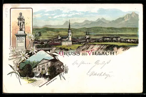 Lithographie Villach, Ortsansicht, Gasser-Denkmal, Warmbad