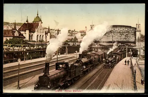 AK Zürich, Personen- und Güterzüge im Bahnhof