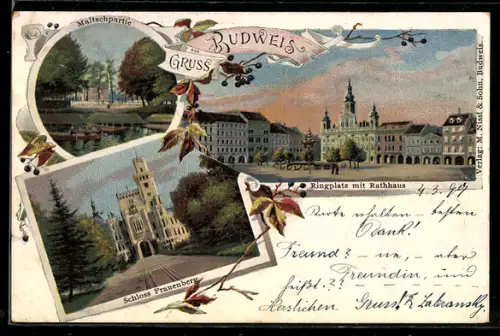 Künstler-AK Budweis / Ceske Budejovice, Ringplatz mit Rathaus, Maltschpartie, Schloss Frauenberg