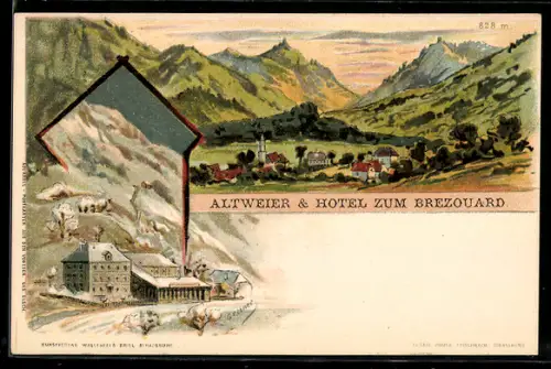 Lithographie Altweier, Hotel zum Brezouard im Sommer und im Winter