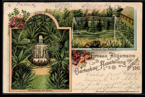 Lithographie Berlin, Grosse Allgem. Gartenbau-Ausstellung 1897, Palmenhain mit Grotte, Waldsee bei Halle