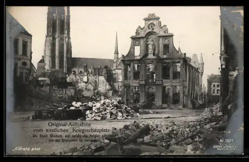 AK Mecheln, Ortspartie mit kriegsbeschädigter Kirche