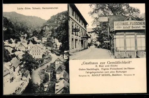 AK Herrnskretschen, Gasthaus zur Gemütlichkeit, Teilansicht der Ortschaft