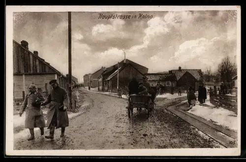 AK Kolno, Hauptstrasse mit Soldaten und Pferdewagen im Winter