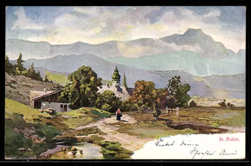 AK St. Anton, Ortsansicht mit Kirche und Alpenpanorama