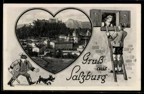 Passepartout-AK Salzburg, Panorama mit Schloss, Paar beim Fensterln
