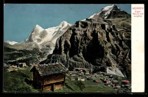 AK Mürren, Ortsansicht mit Eiger, Mönch und Jungfrau