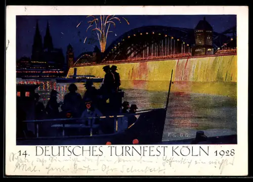 AK Köln, 14. Deutsches Turnfest 1928, Das Grossfeuerwerk an der Hohenzollernbrücke