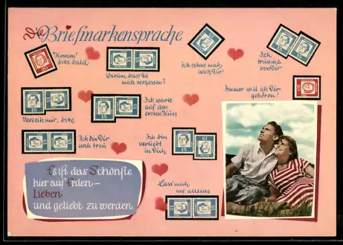AK Briefmarkensprache mit verliebtem Paar
