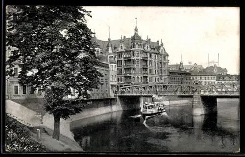 AK Posen / Poznan, Wallischeibrücke mit Dampfschiff