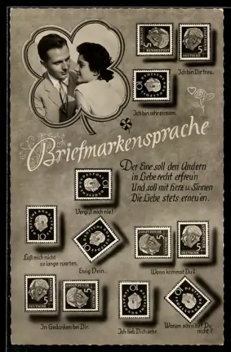 AK Junges sich liebendes Paar, Briefmarken in Briefmarkensprache angeordnet