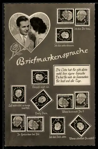 AK Erklärung der Briefmarkensprache, Liebespaar im Herz