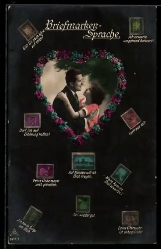 AK Briefmarkensprache, Liebespaar mit Herzmotiv