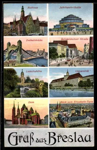 AK Breslau, Kaiserbrücke, Dom, Universität