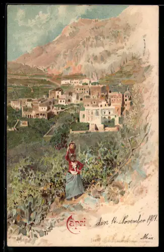 Künstler-AK Capri, Totalansicht mit Einwohnerin