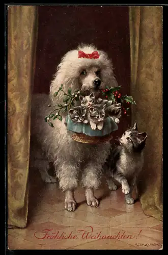 Künstler-AK Carl Reichert: Pudel mit einem Korb voller Kätzchen in der Schnauze