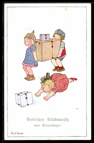 Künstler-AK Pauli Ebner: Mädchen mit Pickelhaube und Soldatenmütze tragen Geschenk, eines ist gestolpert, Namenstag