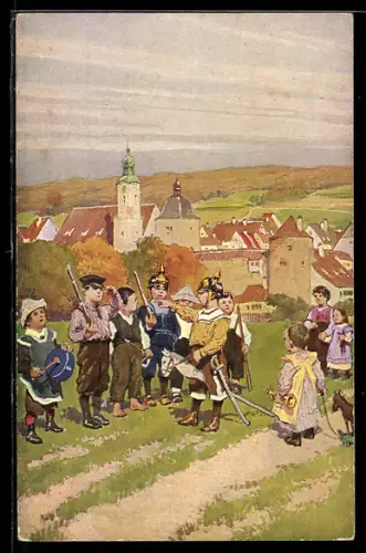 Künstler-AK Paul Hey: Kinder mit Pickelhaube beim Salutieren, Verein für das Deutschtum im Ausland