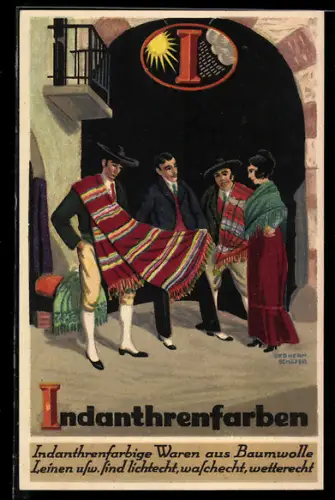 AK Reklame Indanthrenfarben, Menschen in bunter Kleidung