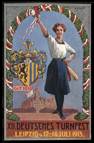 AK Leipzig, XII. Deutsches Turnfest, Leipzig 1913, Turnerin mit Keulen und Blumen