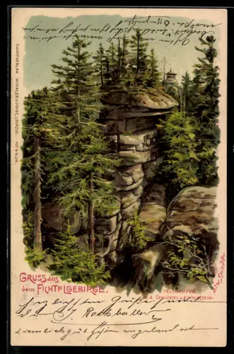 Künstler-Lithographie Erwin Spindler: Fichtelgebirge, Felsgruppe a. d. Schüssel a. d. Waldstein