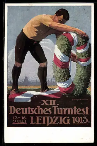 AK Leipzig, XII. Deutsches Turnfest, Leipzig 1913, Turner bindet Siegerkranz