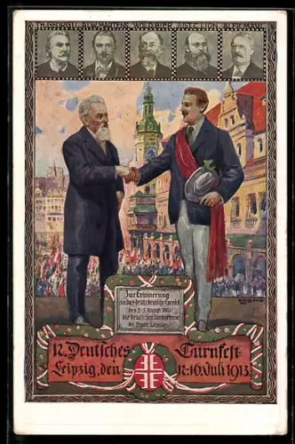 AK Leipzig, 12. Deutsches Turnfest, Turner reichen sich die Hand, Porträts