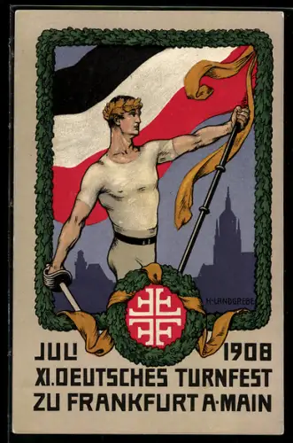 AK Frankfurt /Main, XI. Deutsches Turnfest 1908, Turner mit Fahne