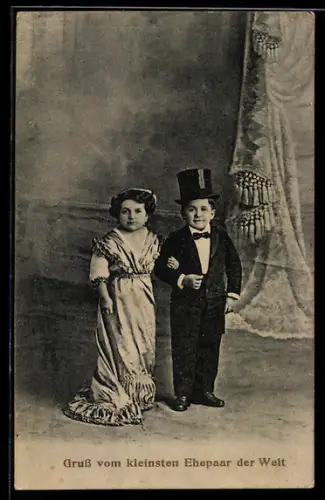 AK Petit Époux du Monde, Liliputanerpaar in Abendgarderobe