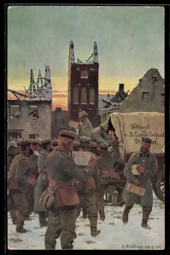 Künstler-AK C. Röchling: Soldaten erhalten ihre Feldpost in zerstörtem Dorf