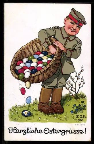 Künstler-AK P. O. Engelhard (P.O.E.): Soldat versteckt Ostereier