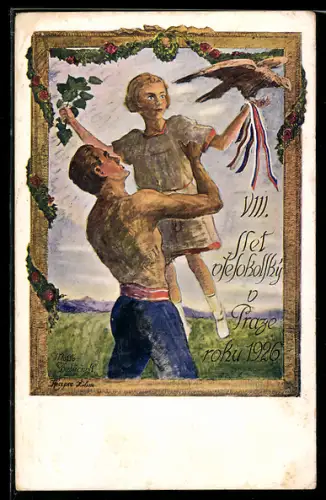 AK Prag, Sokol 1926, Turner hebt ein Mädchen in die Luft, Adler & patriotische Bänder