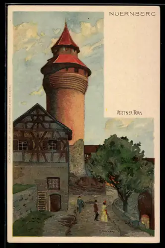 Künstler-Lithographie Karl Mutter: Nürnberg, Partie am Vestner Turm