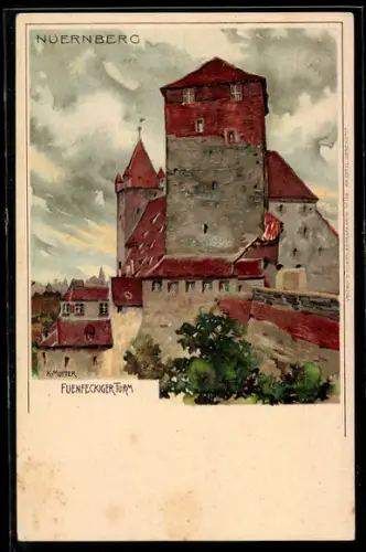 Künstler-AK K. Mutter: Nürnberg, Fuenfeckiger Turm an der Burgmauer